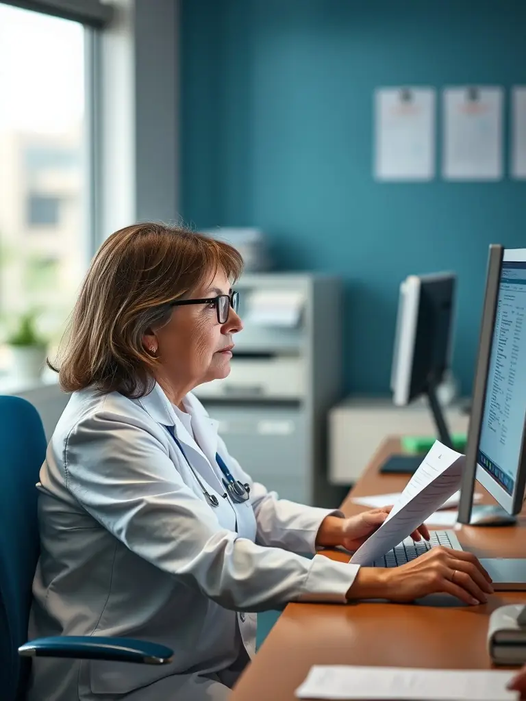 An image depicting a medical coder working diligently at their computer, surrounded by medical charts and coding manuals, in a brightly lit office setting.