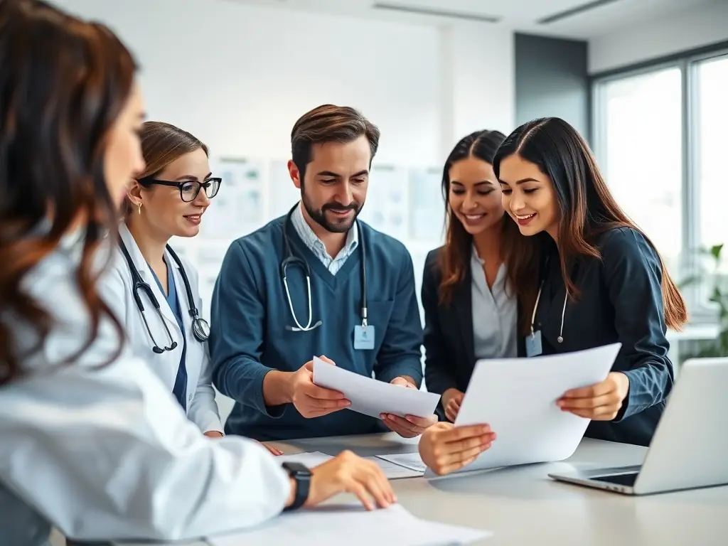 A diverse team of healthcare professionals collaborating in a modern office setting, reviewing candidate profiles and discussing recruitment strategies.