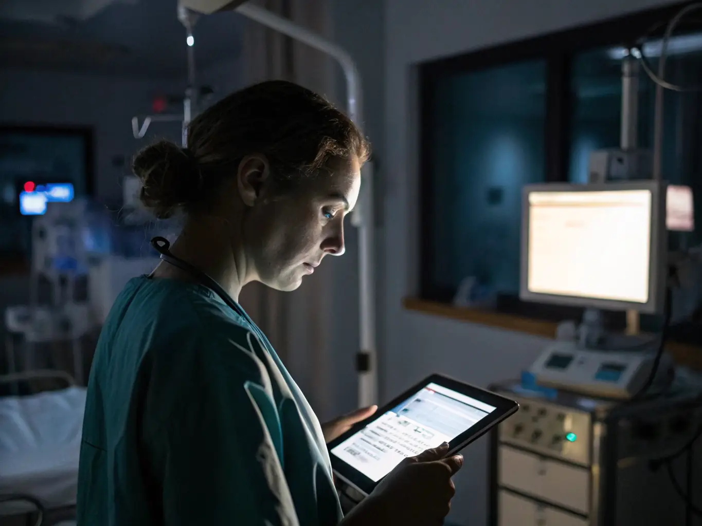 A healthcare professional remotely monitoring patient data on a tablet, with a patient comfortably resting in their home in the background.