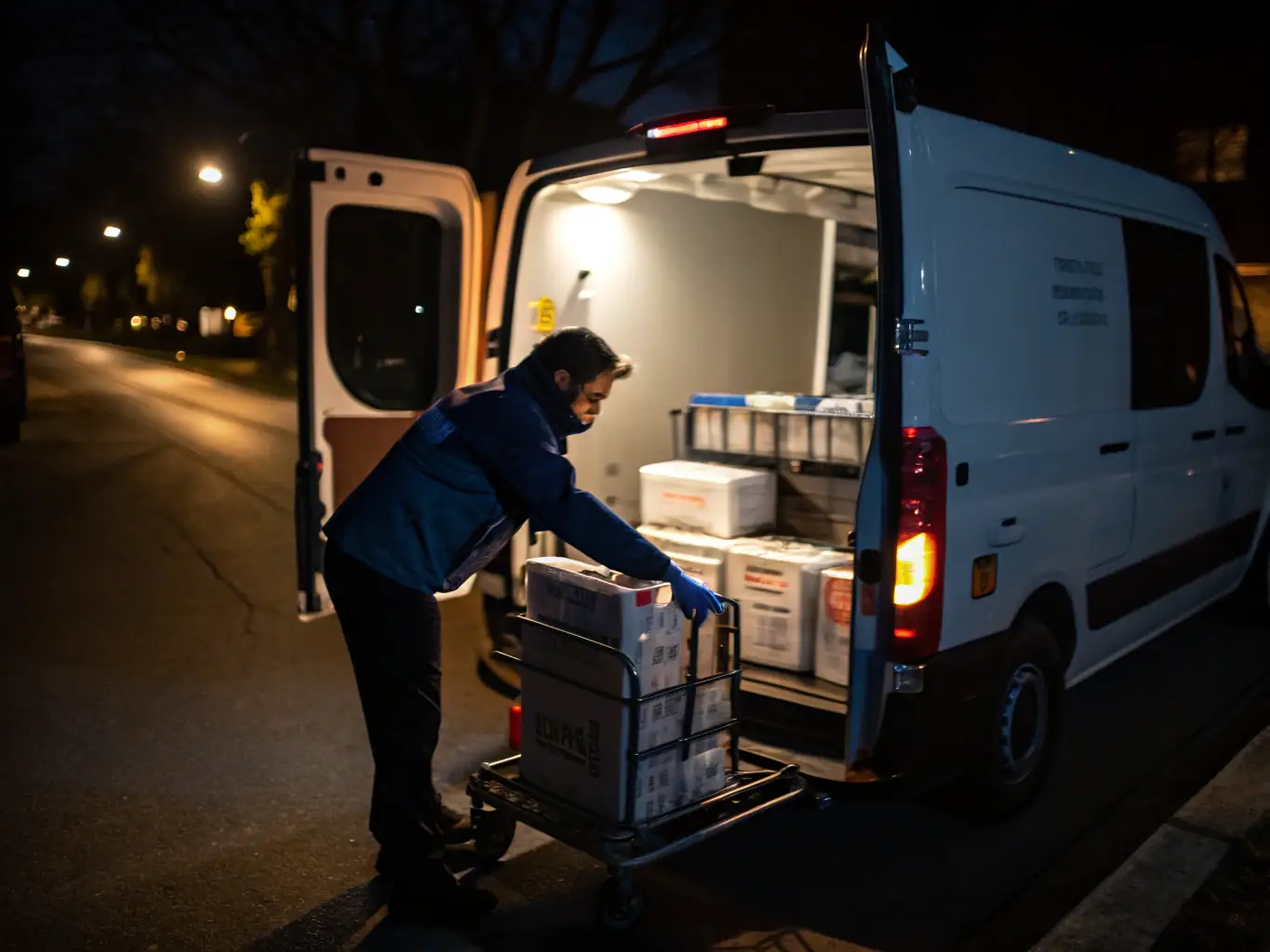 A medical courier carefully transporting a package of medical supplies in a temperature-controlled vehicle, ensuring safe and timely delivery.