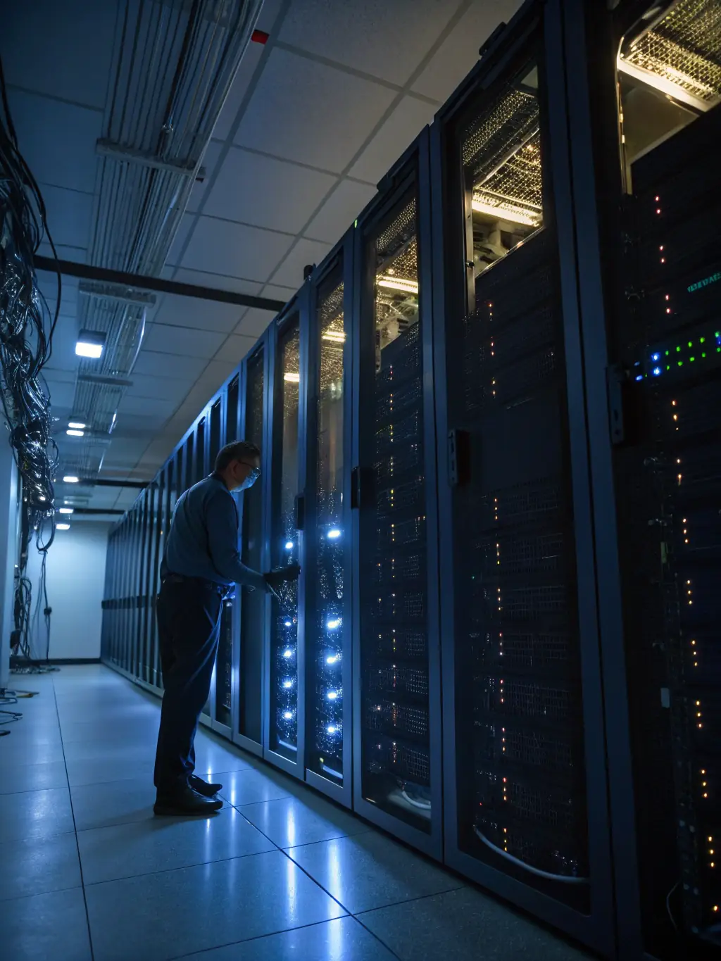 An image of a secure server room with blinking lights, symbolizing the secure handling of sensitive patient data and compliance with regulations.